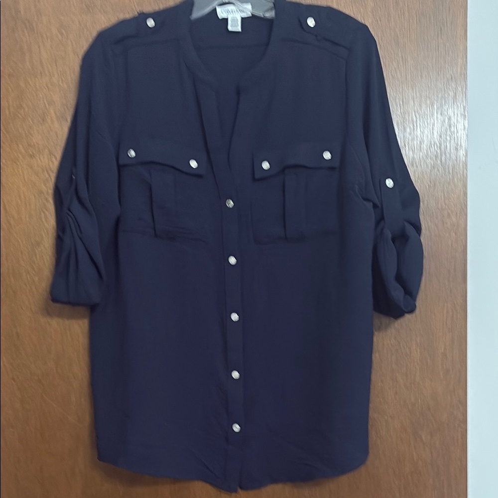 Calvin Klein Blue Mandarin Collar Button Down Shirt.